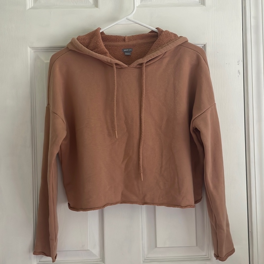 Pale coral cropped and hooded terry sweatshirt